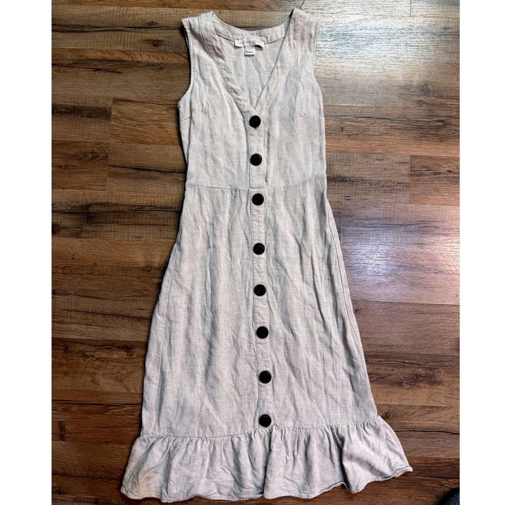 Monteau Los Angeles Midi Dress Beige Linen Blend Button Front Boho Cottagecore